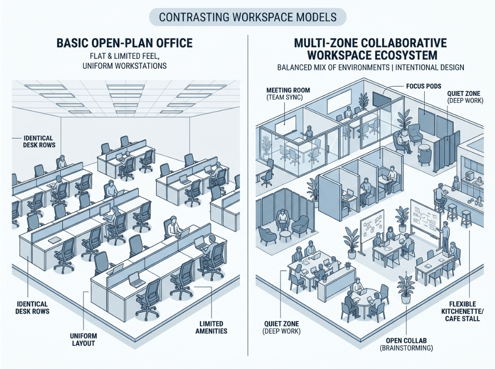 Comparison between a basic open plan office and a multi zone collaborative workspace Comparison between a basic open plan office and a multi zone collaborative workspace