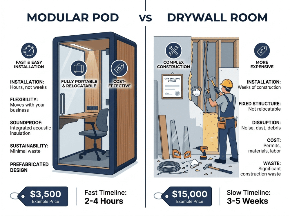 Comparison graphic showing modular office phone booth versus drywall construction on cost and install time Comparison graphic showing modular office phone booth versus drywall construction on cost and install time