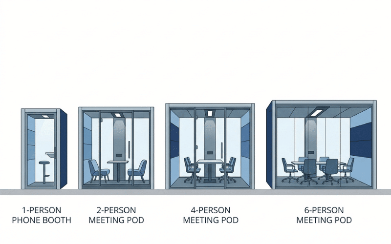 Comparison of 1 person, 2 person, 4 person, and 6 person office pod sizes Comparison of 1 person, 2 person, 4 person, and 6 person office pod sizes