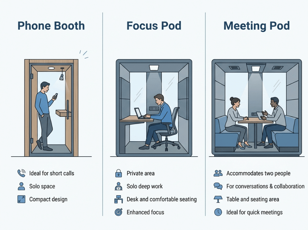 Comparison of a phone booth, focus pod, and meeting pod for office use Comparison of a phone booth, focus pod, and meeting pod for office use
