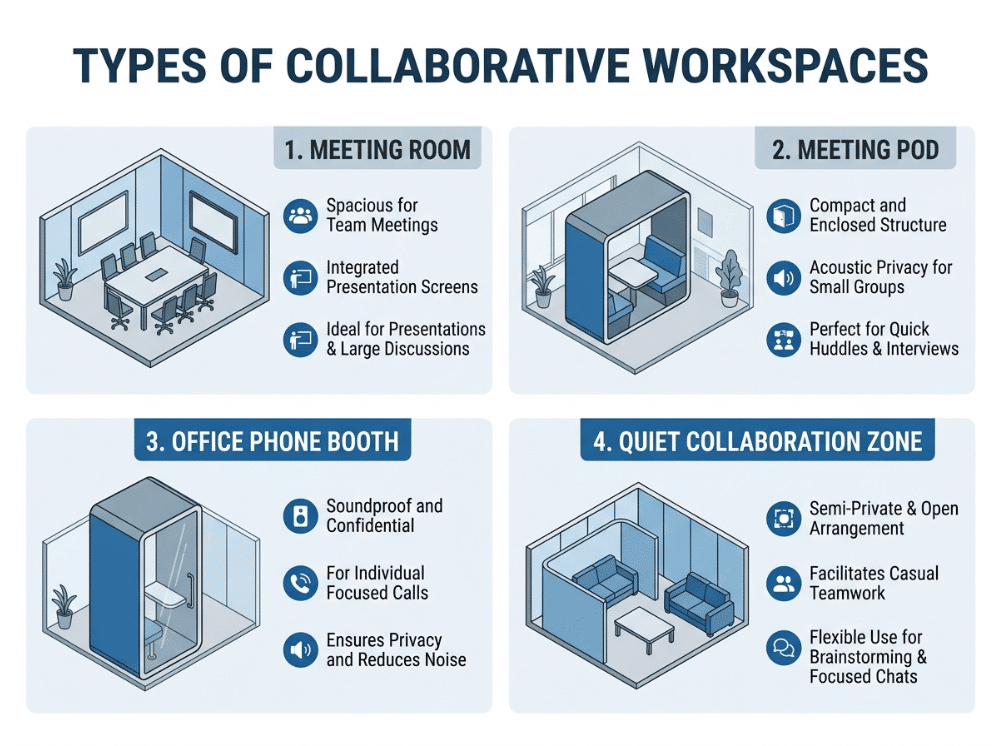 Comparison of different collaborative workspace types including meeting rooms, pods, phone booths, and quiet zones Comparison of different collaborative workspace types including meeting rooms, pods, phone booths, and quiet zones