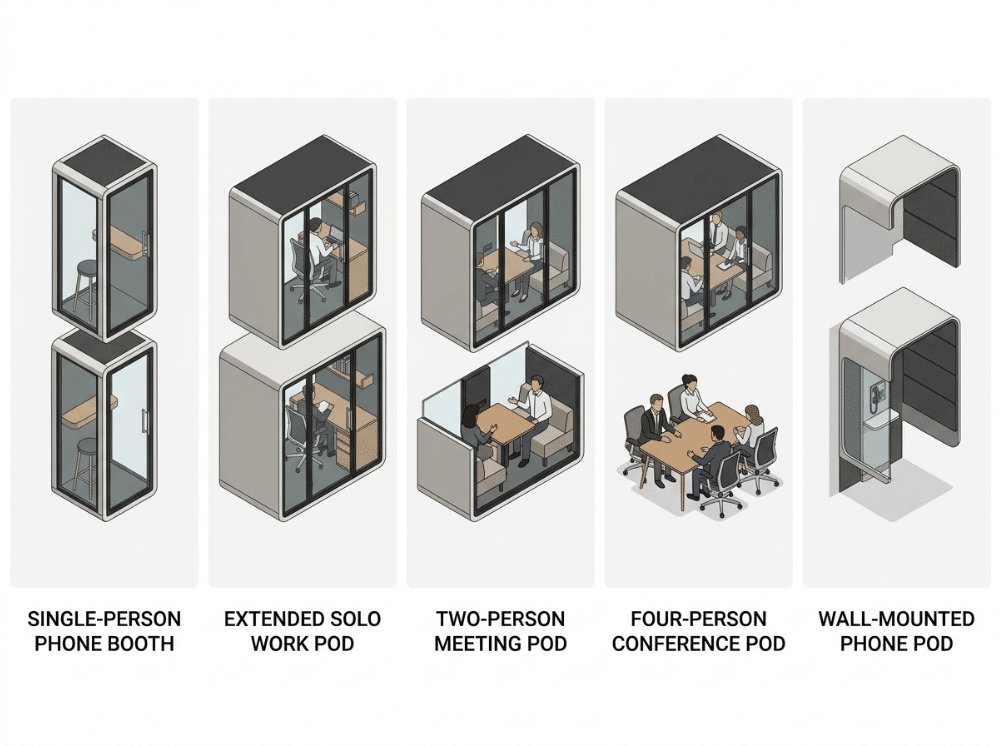 Comparison of different office phone booth types for solo work, meetings, and conference use Comparison of different office phone booth types for solo work, meetings, and conference use