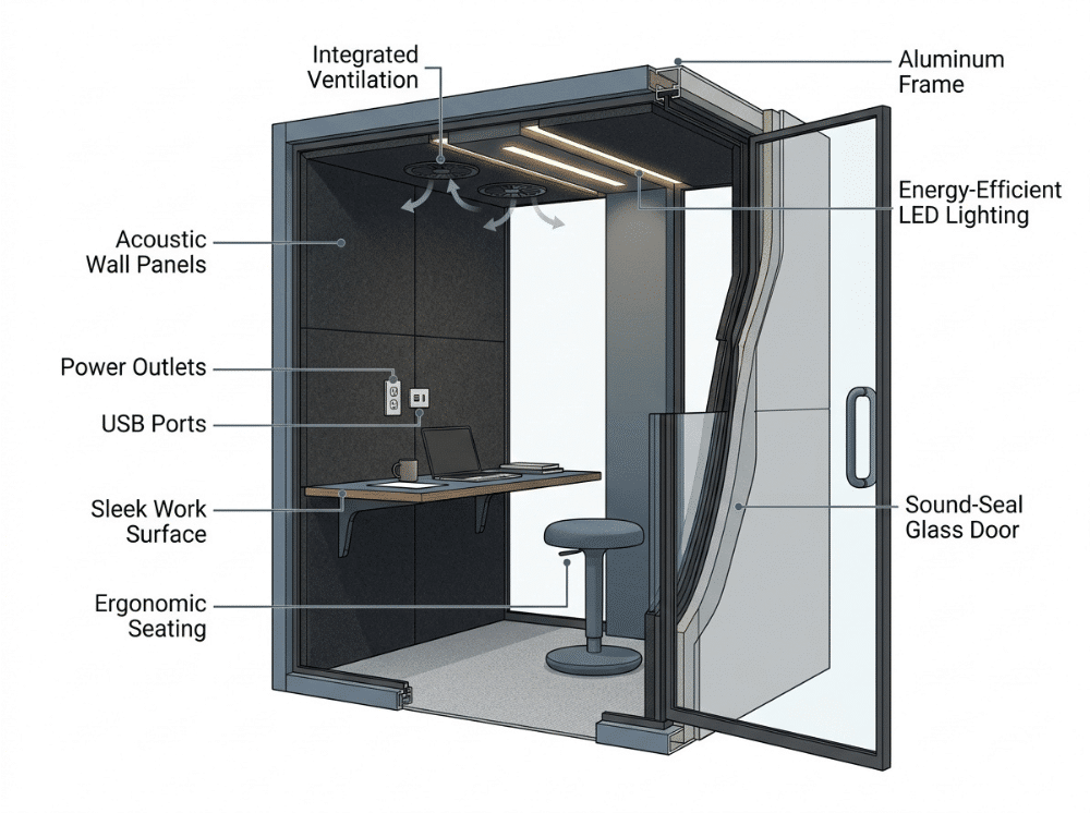 Cutaway diagram of an office phone booth showing acoustic panels, ventilation, lighting, and power featur Cutaway diagram of an office phone booth showing acoustic panels, ventilation, lighting, and power featur