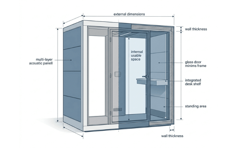 Cutaway view comparing external booth dimensions with internal usable space Cutaway view comparing external booth dimensions with internal usable space