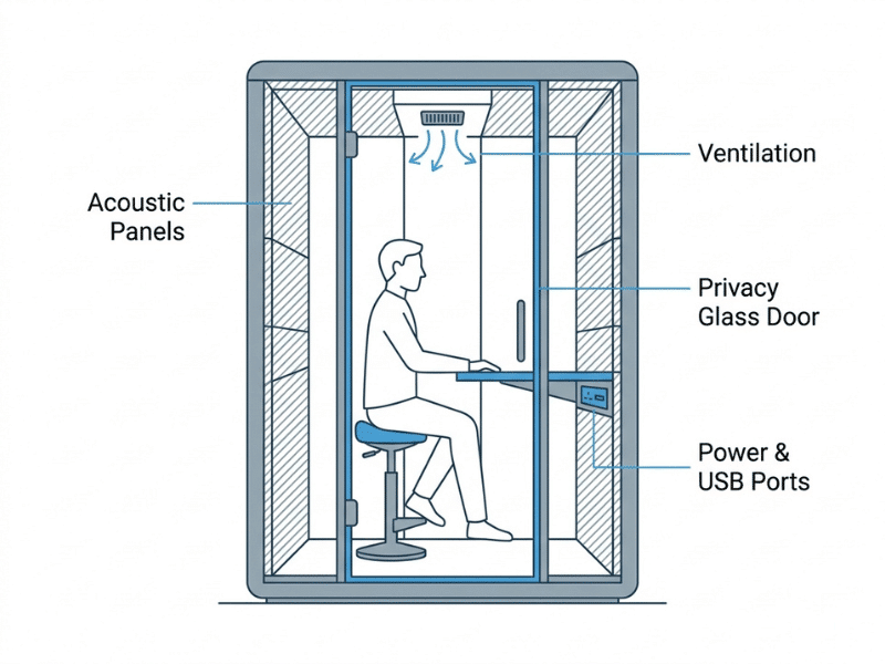 Diagram of an office phone booth pod with labeled features including acoustic panels, ventilation, privacy glass door, and power ports Diagram of an office phone booth pod with labeled features including acoustic panels, ventilation, privacy glass door, and power ports