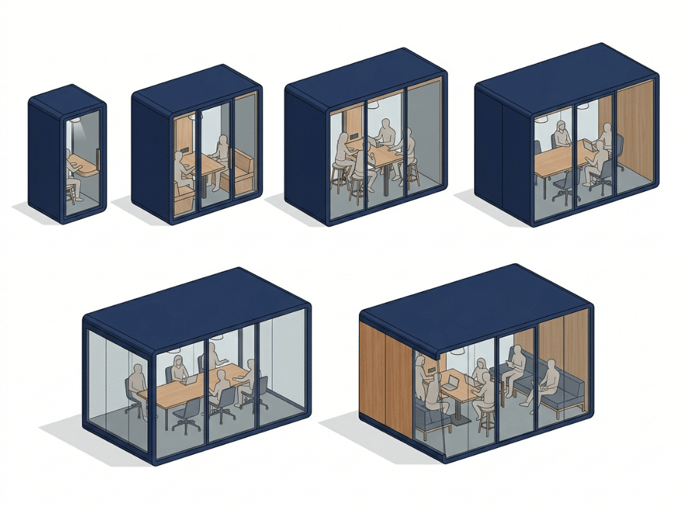 Illustrated comparison of office phone booth types from single person to conference size Illustrated comparison of office phone booth types from single person to conference size