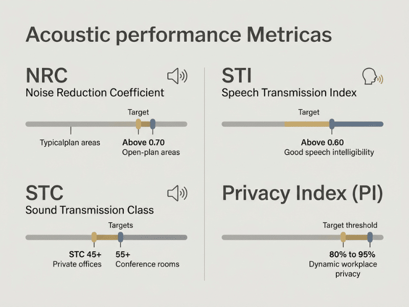 Infographic displaying key acoustic performance metrics including NRC, STI, STC, and Privacy Index ratings for collaborative office zones Infographic displaying key acoustic performance metrics including NRC, STI, STC, and Privacy Index ratings for collaborative office zones