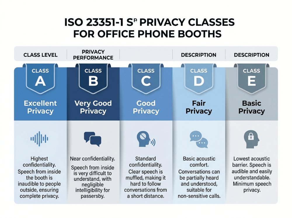 Infographic explaining ISO 23351 1 speech privacy classes for office phone booths Infographic explaining ISO 23351 1 speech privacy classes for office phone booths