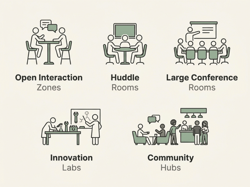 Infographic showing five collaborative workspace zone types with icons and brief descriptors Infographic showing five collaborative workspace zone types with icons and brief descriptors