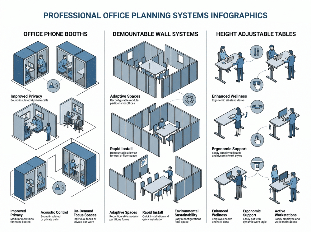 Infographic showing office phone booths, demountable walls, and height adjustable tables as workspace solutio Infographic showing office phone booths, demountable walls, and height adjustable tables as workspace solutio