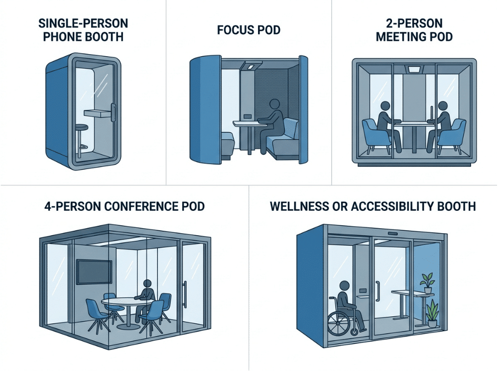 Infographic showing the main types of office phone booths and privacy pods Infographic showing the main types of office phone booths and privacy pods