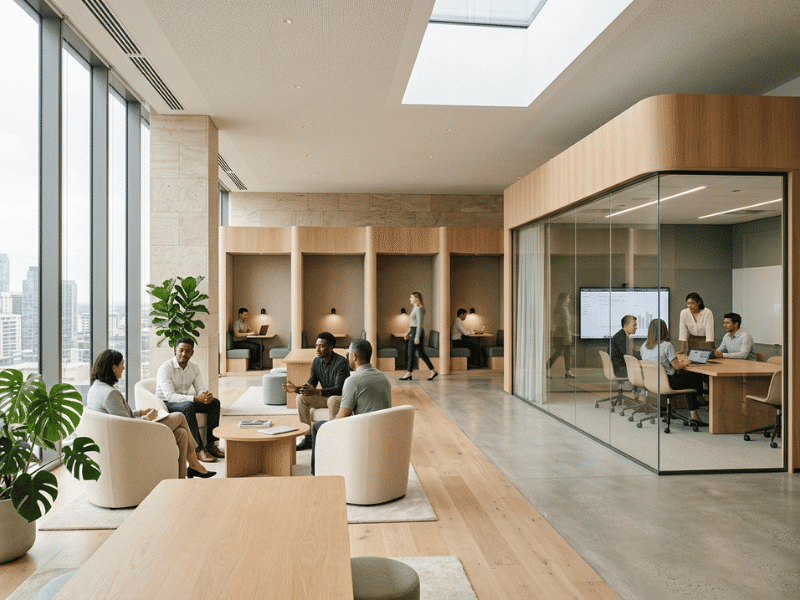 Modern collaborative office interior with mixed zone types, warm neutral palette, and natural light