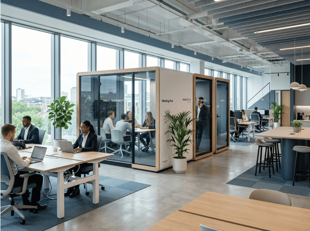 Modern office with phone booths and acoustic meeting pods integrated into an open workspace