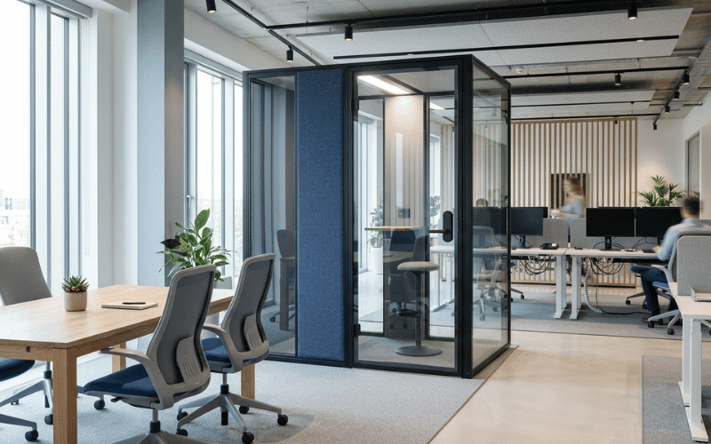 Modern open plan office with a single office phone booth placed near workstations