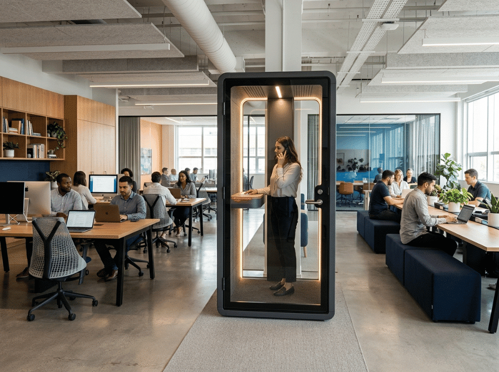 Modern open plan office with a single person office phone booth for private calls and focused work