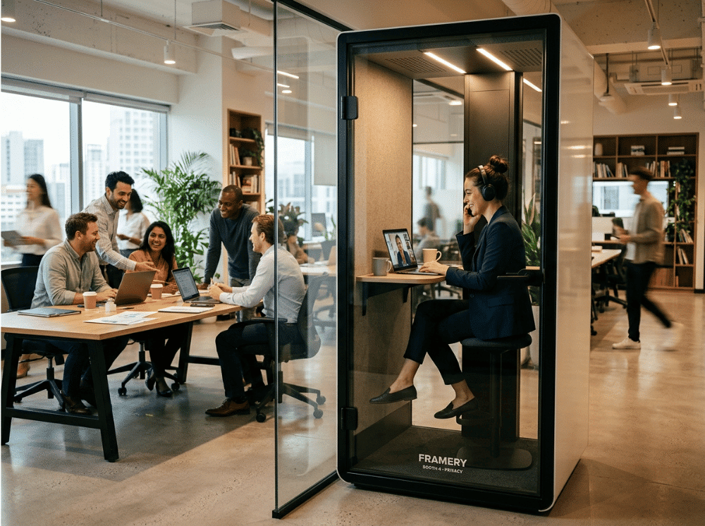 Office employee using a phone booth for a private video call inside a busy open office Office employee using a phone booth for a private video call inside a busy open office