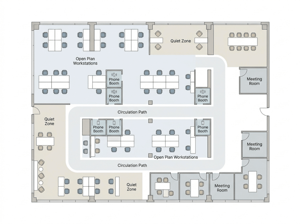 Office floor plan concept showing phone booth placement near workstations and quiet zone Office floor plan concept showing phone booth placement near workstations and quiet zone