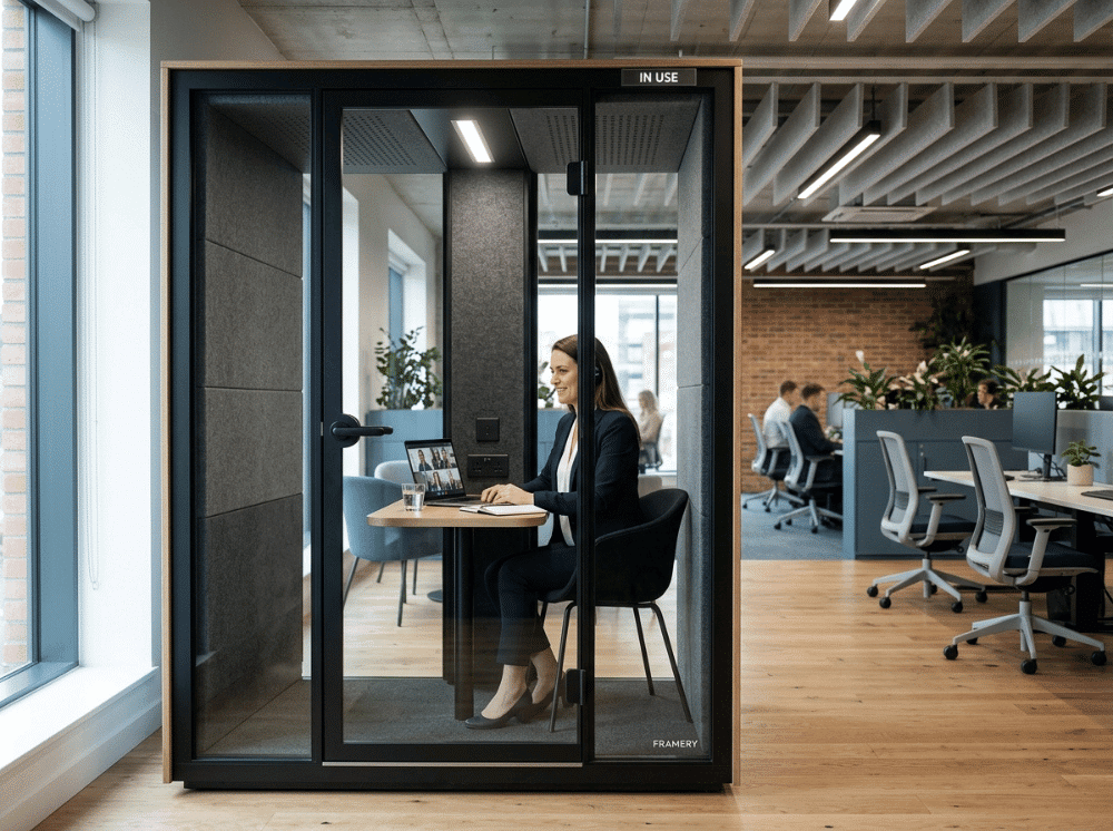 Professional using an office phone booth for focused work in a modern office Professional using an office phone booth for focused work in a modern office