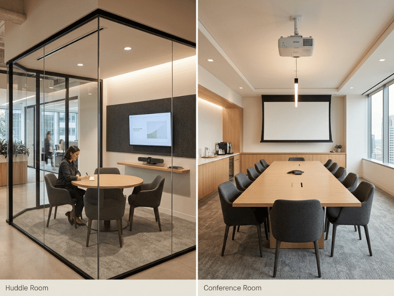 Side by side comparison of a huddle room and a large conference room, highlighting capacity, use case, and design differences Side by side comparison of a huddle room and a large conference room, highlighting capacity, use case, and design differences