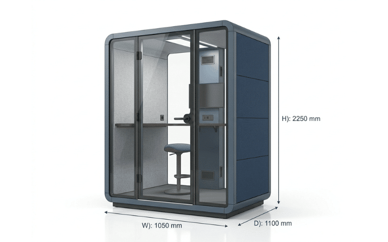 Single person office phone booth with width, depth, and height dimensions illustrated Single person office phone booth with width, depth, and height dimensions illustrated