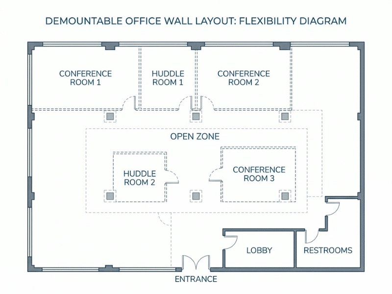 Top down floor plan diagram showing how demountable wall systems divide an open office into conference, huddle, and collaboration zones Top down floor plan diagram showing how demountable wall systems divide an open office into conference, huddle, and collaboration zones