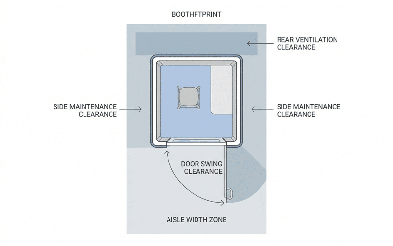 Top down office phone booth layout showing door swing and clearance requirements Top down office phone booth layout showing door swing and clearance requirements