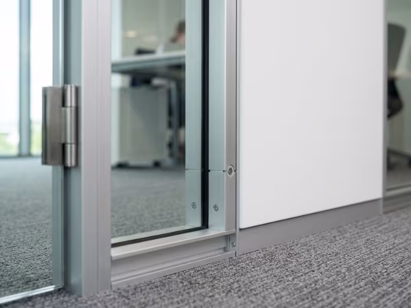 Aluminum frame joining glass and solid partition panels Aluminum frame joining glass and solid partition panels
