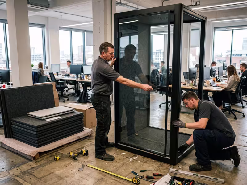 Crew installing an office phone booth Crew installing an office phone booth