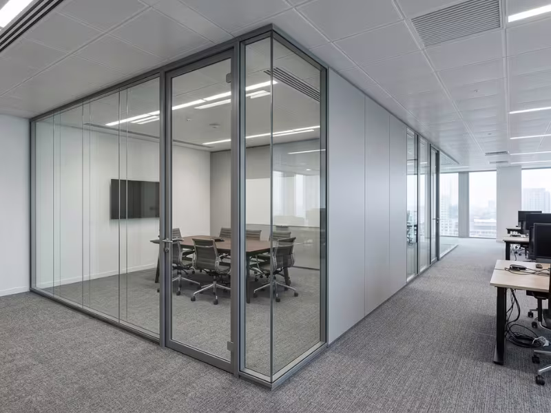 Demountable wall system in an office Demountable wall system in an office