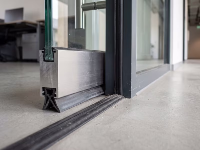 Drop seal and perimeter seal on a glass partition door Drop seal and perimeter seal on a glass partition door