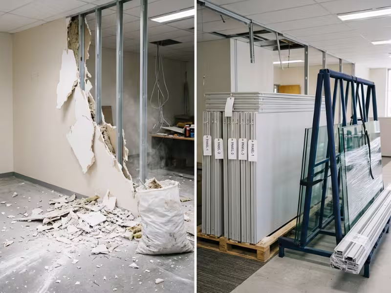 Drywall debris compared with stacked reusable partition panels Drywall debris compared with stacked reusable partition panels