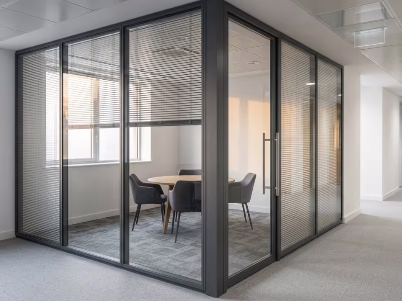 Framed double glazed meeting room with integral blinds Framed double glazed meeting room with integral blinds