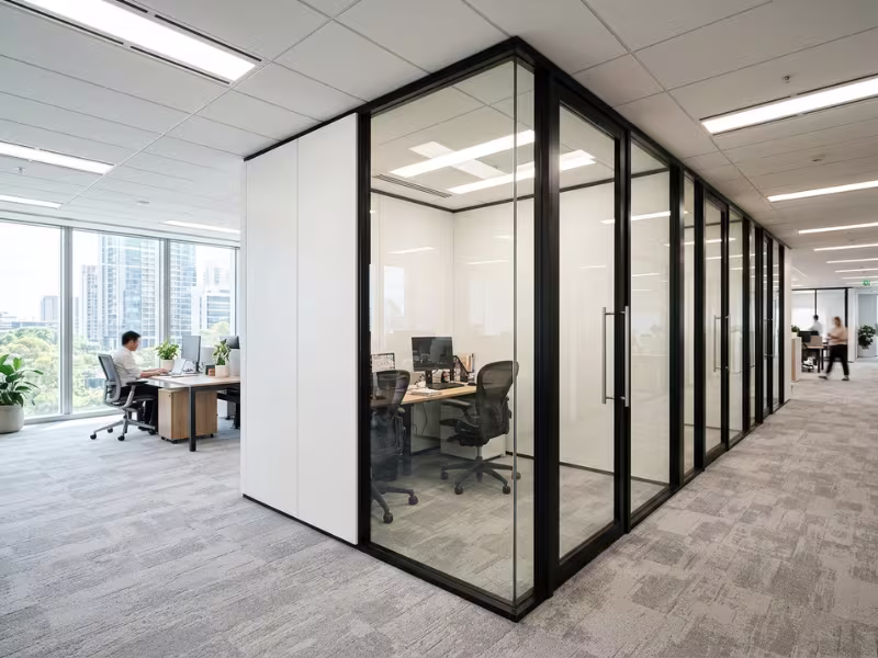 Glass and solid demountable partitions in a modern office