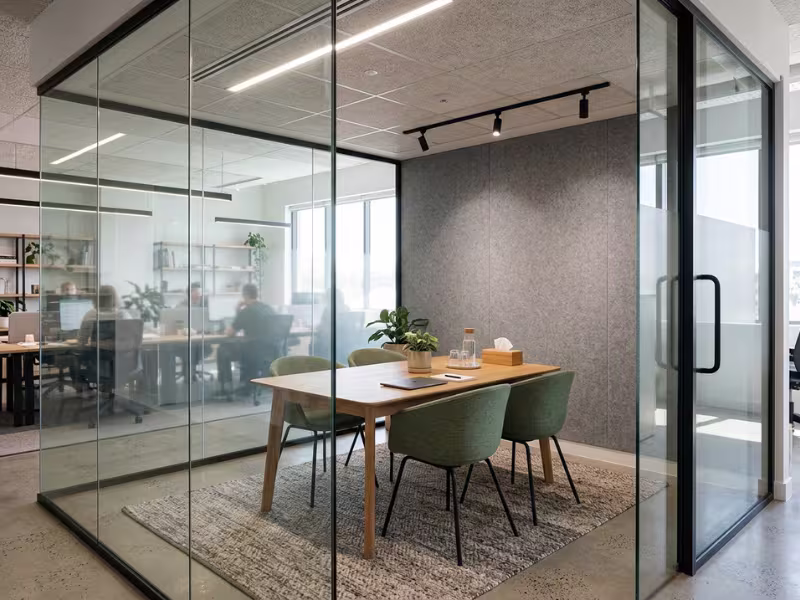 Glass meeting room with felt acoustic panels Glass meeting room with felt acoustic panels