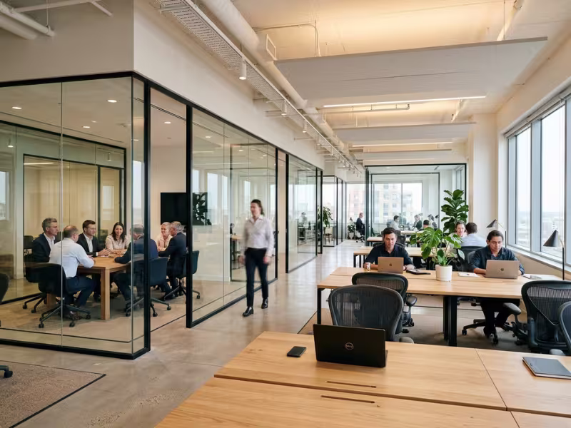 Glass partitions dividing open office space Glass partitions dividing open office space