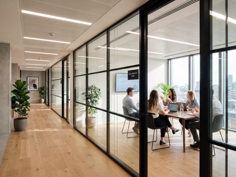 Glass walled office meeting room with daylight
