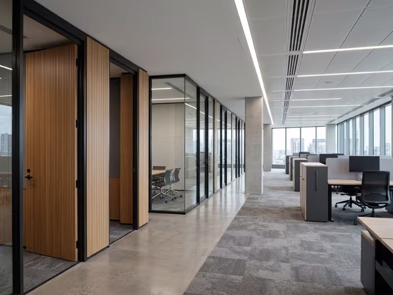 Hybrid office with solid and glass partitions Hybrid office with solid and glass partitions
