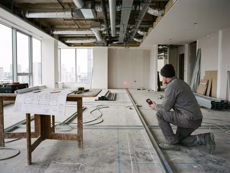Installer measuring an office during a partition site survey Installer measuring an office during a partition site survey