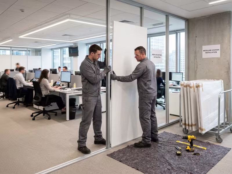 Installers fitting pre finished partition panels in a working office Installers fitting pre finished partition panels in a working office