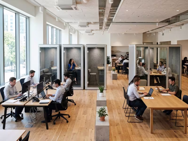 Modular office pods in an open office Modular office pods in an open office