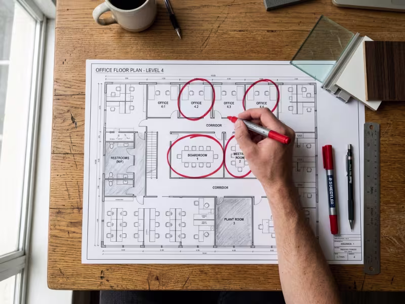 Office floor plan marked with likely change zones Office floor plan marked with likely change zones
