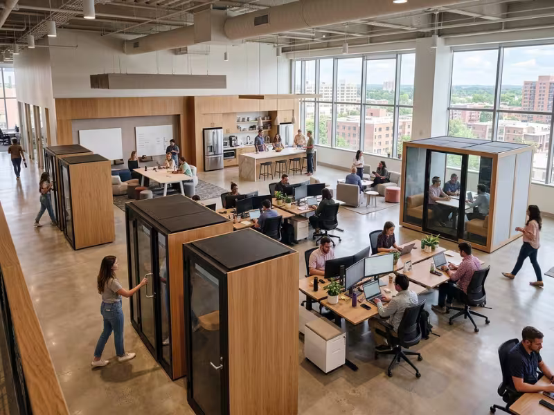 Office floor with booths and meeting pod Office floor with booths and meeting pod