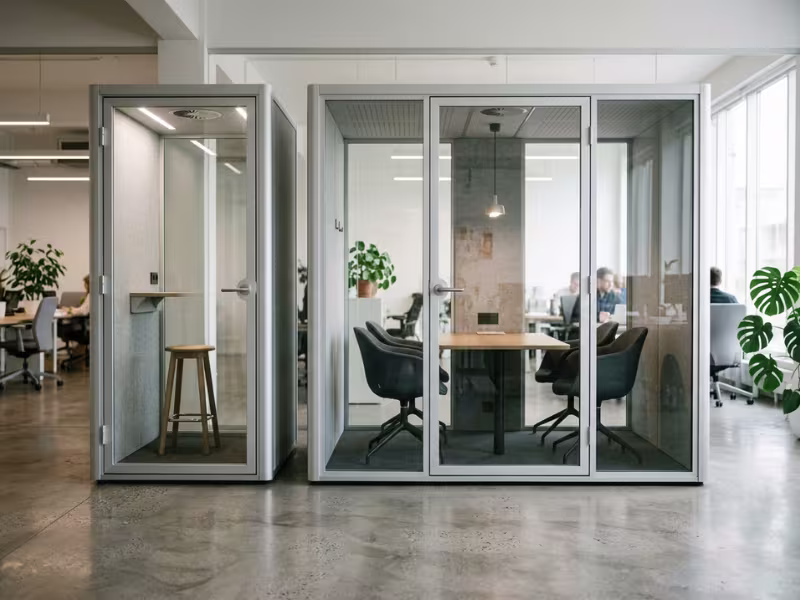 Phone booth beside 4 person meeting pod Phone booth beside 4 person meeting pod