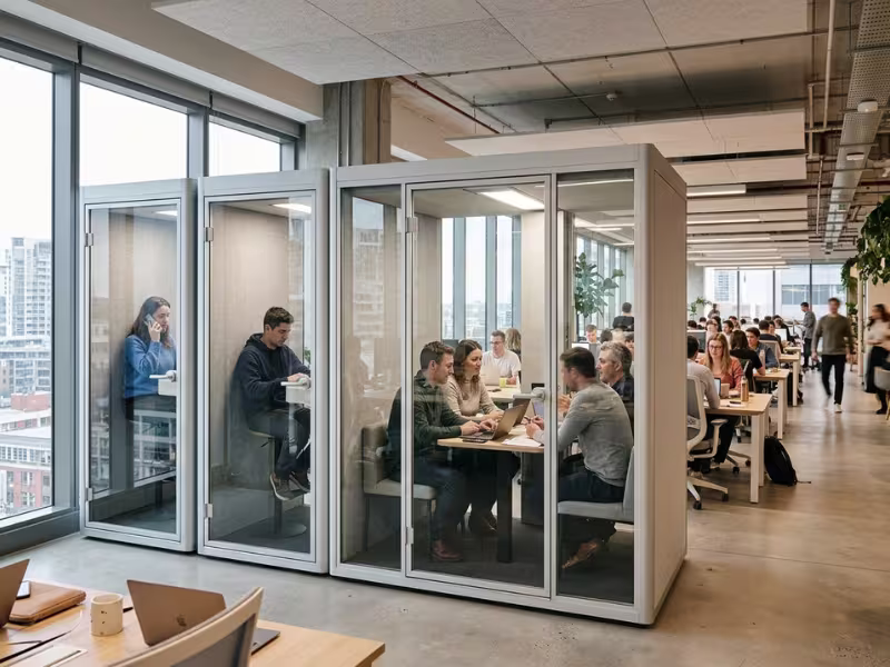 Phone booths and meeting pod in open office