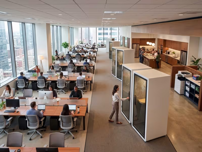 Phone booths spread across office desk zones Phone booths spread across office desk zones