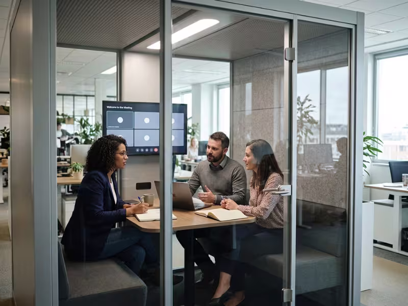 Small team meeting in a four person pod Small team meeting in a four person pod