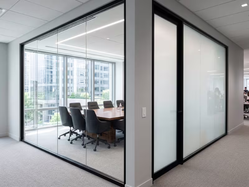 Smart glass boardroom in clear and frosted modes Smart glass boardroom in clear and frosted modes